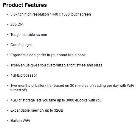 kobo aura specifications